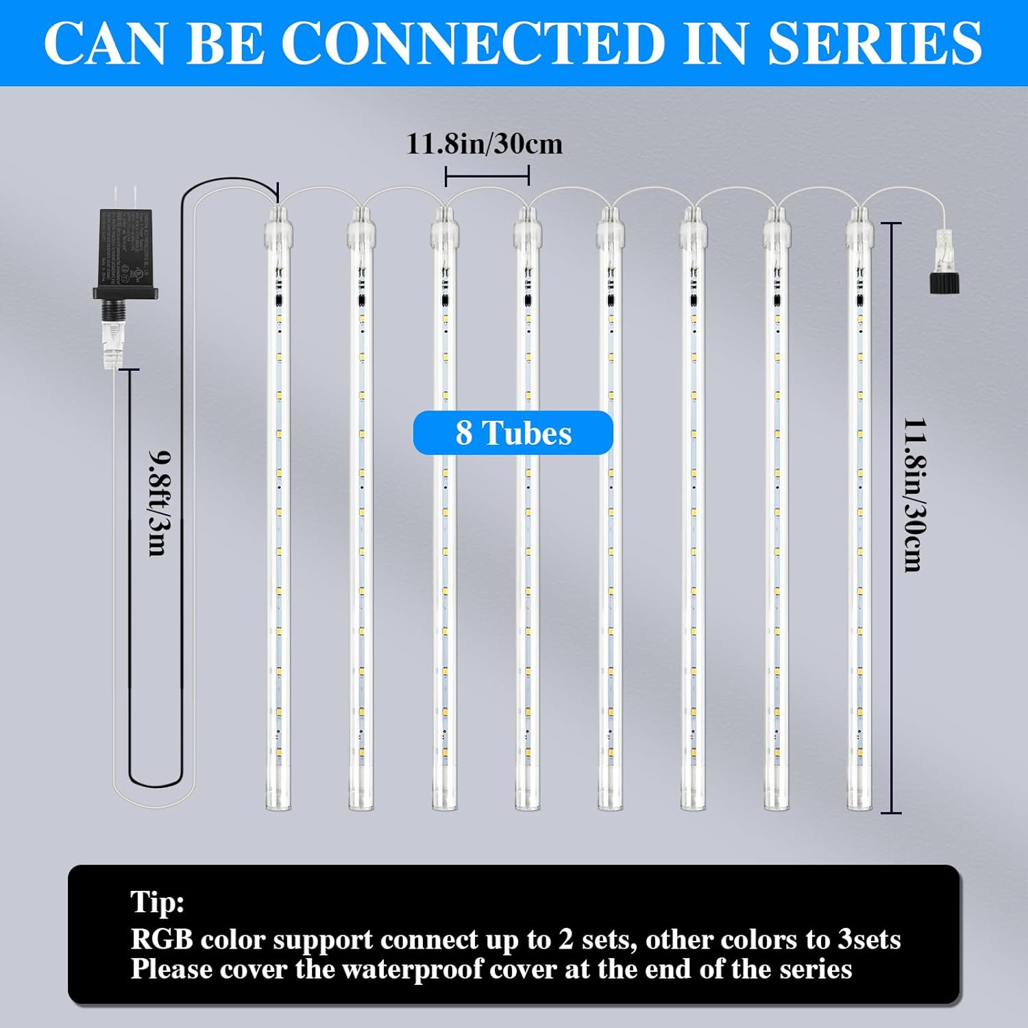 Meteors Shower Lights, 192 LED Falling Rain Lights 8 Tubes 11.8 Inch Waterproof Christmas Plug in Snowfall LED Outdoor for Tree Party Garden Yard Holiday Christmas Decoration, Blue