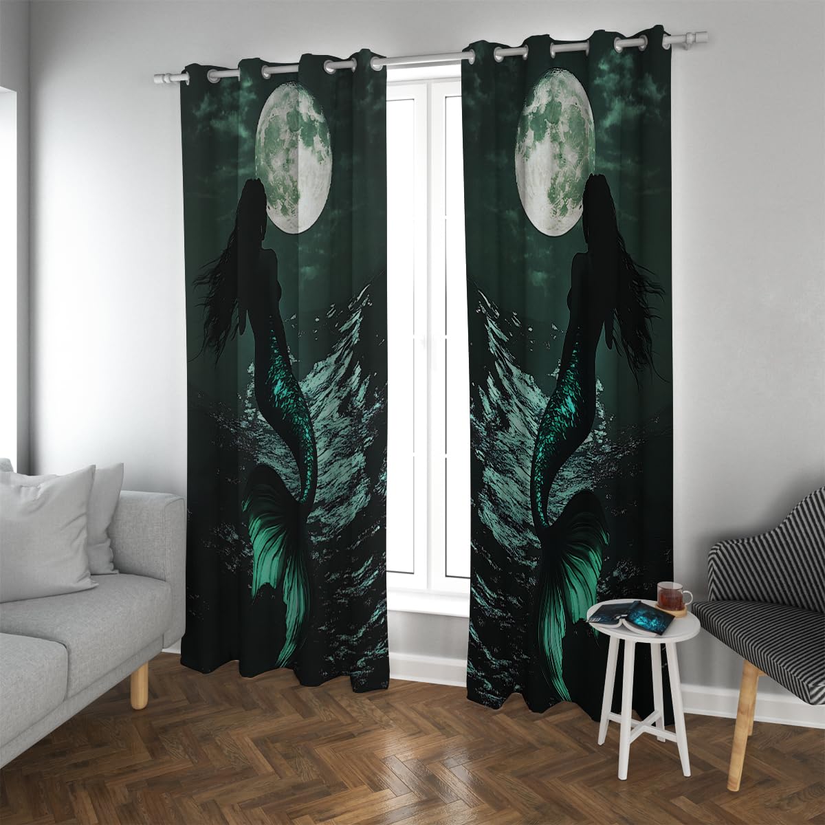 Estetyczny design zasłony okienne Night Ocean wzór syrenki, izolujące ciepło, zasłony zaciemniające do drzwi przesuwnych na taras, 2 panele, szer. 117 x wys. 137 cm