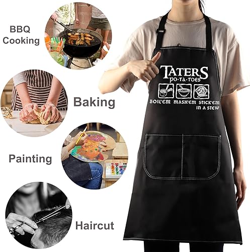 Miniatura 6 de WZMPA Divertido delantal de cocina Taters Patatas Hervir 'Em Mash' Em Stick' Em en un delantal ajustable con bolsillos