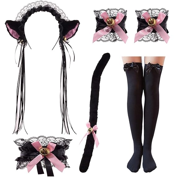 GRAJTCIN Cat Cosplay Costume Kitten Tail Cat Ear Headband Set for Halloween Dress Up