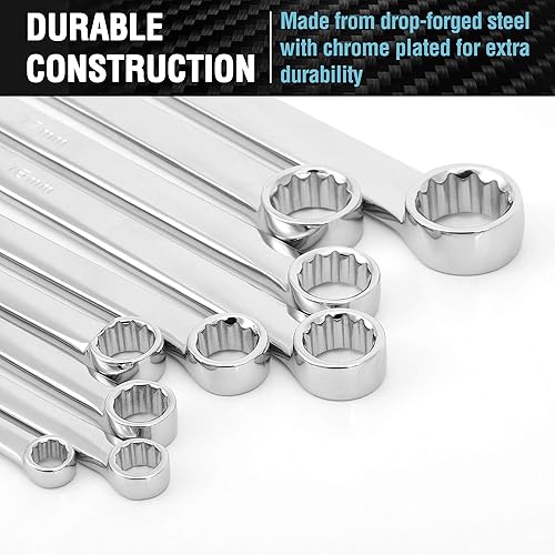 Miniatura 5 de DURATECH Juego de llaves de trinquete extralargas de 9 piezas y 8 piezas de 90 dientes, métricas, acero CR-V