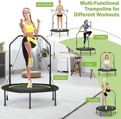 Miniatura 8 de GYMAX Trampolín para niños y adultos, 40 pulgadas, 330 libras, mini trampolín plegable con altura ajustable, bandas de resistencia y mango de