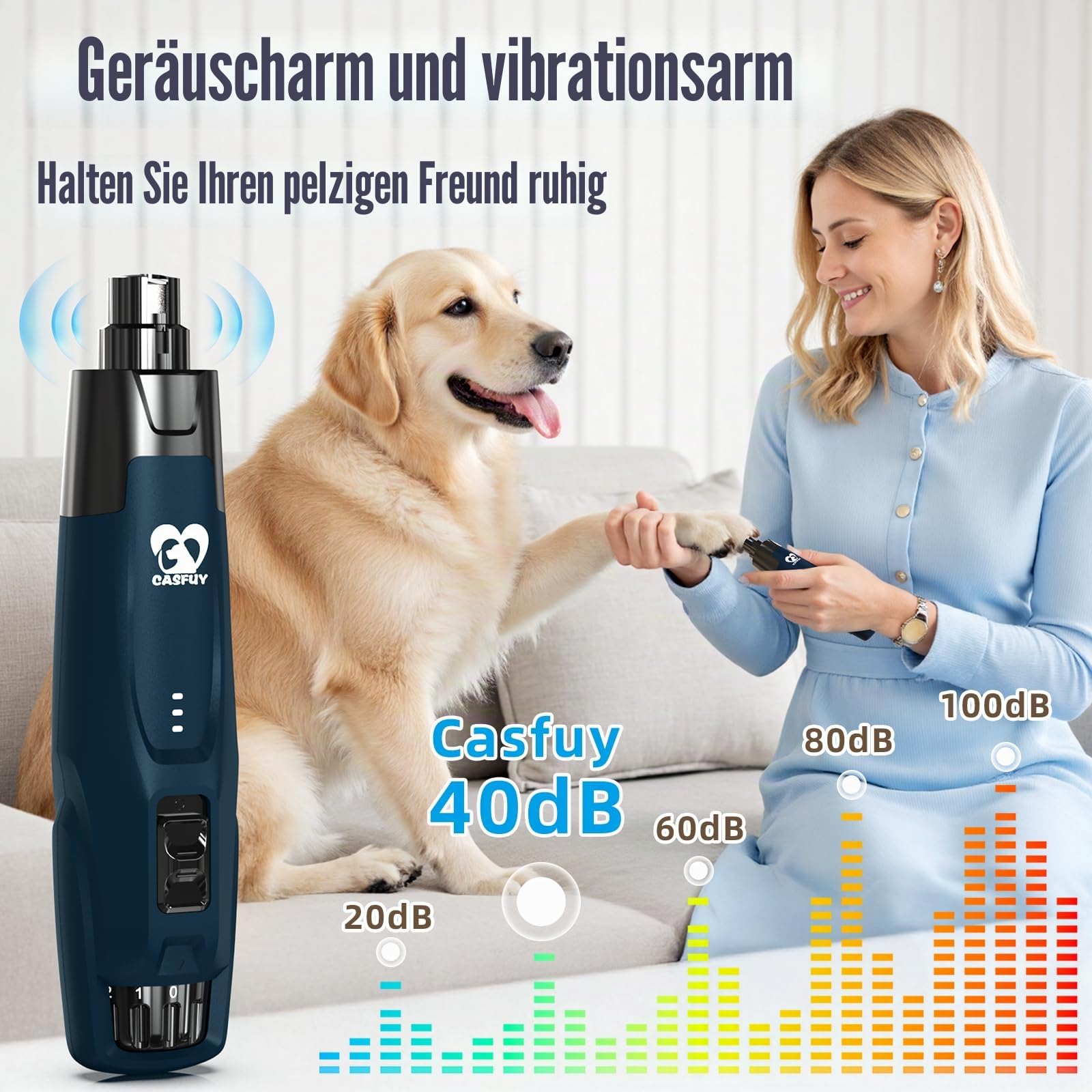 Casfuy Neue 6-Gang Krallenschleifer für Hunde – 50% Mehr Leistung mit 2 LED Lichtern Leise 7 Stunden Laufzeit Elektrischer Hund Nagelschleifer für Große Mittelgroße Kleine Hunde und Katzen