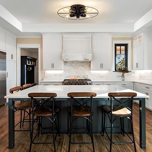 Miniatura 6 de Lámpara Sputnik de 4 Luces Negra de Montaje al Ras Luces de Techo Industrial de Madera 21" Luces de Techo Modernas Estilo Granja para Cocina Negro