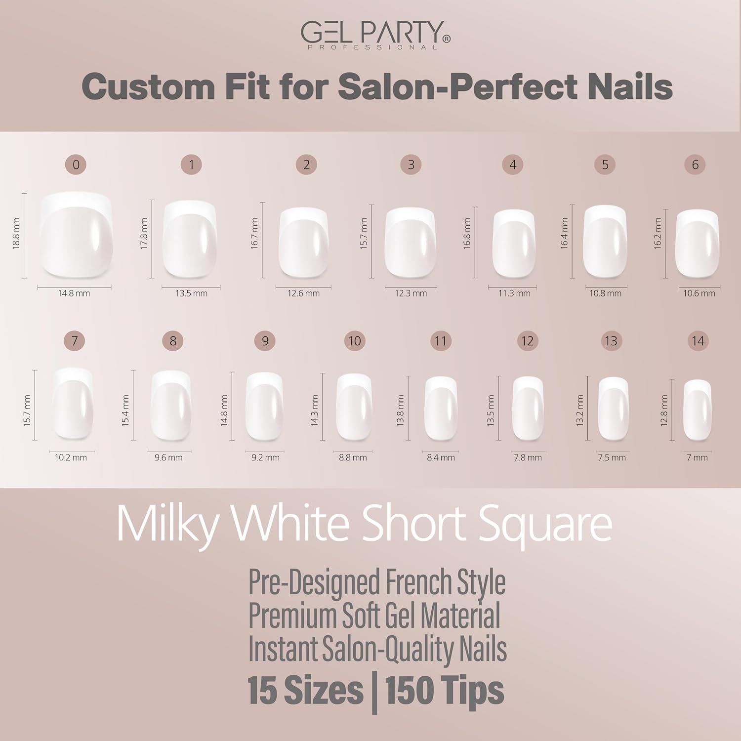 GELPARTY French Nail Tips, Milky White Short Square, 150 PCS, 15 Sizes