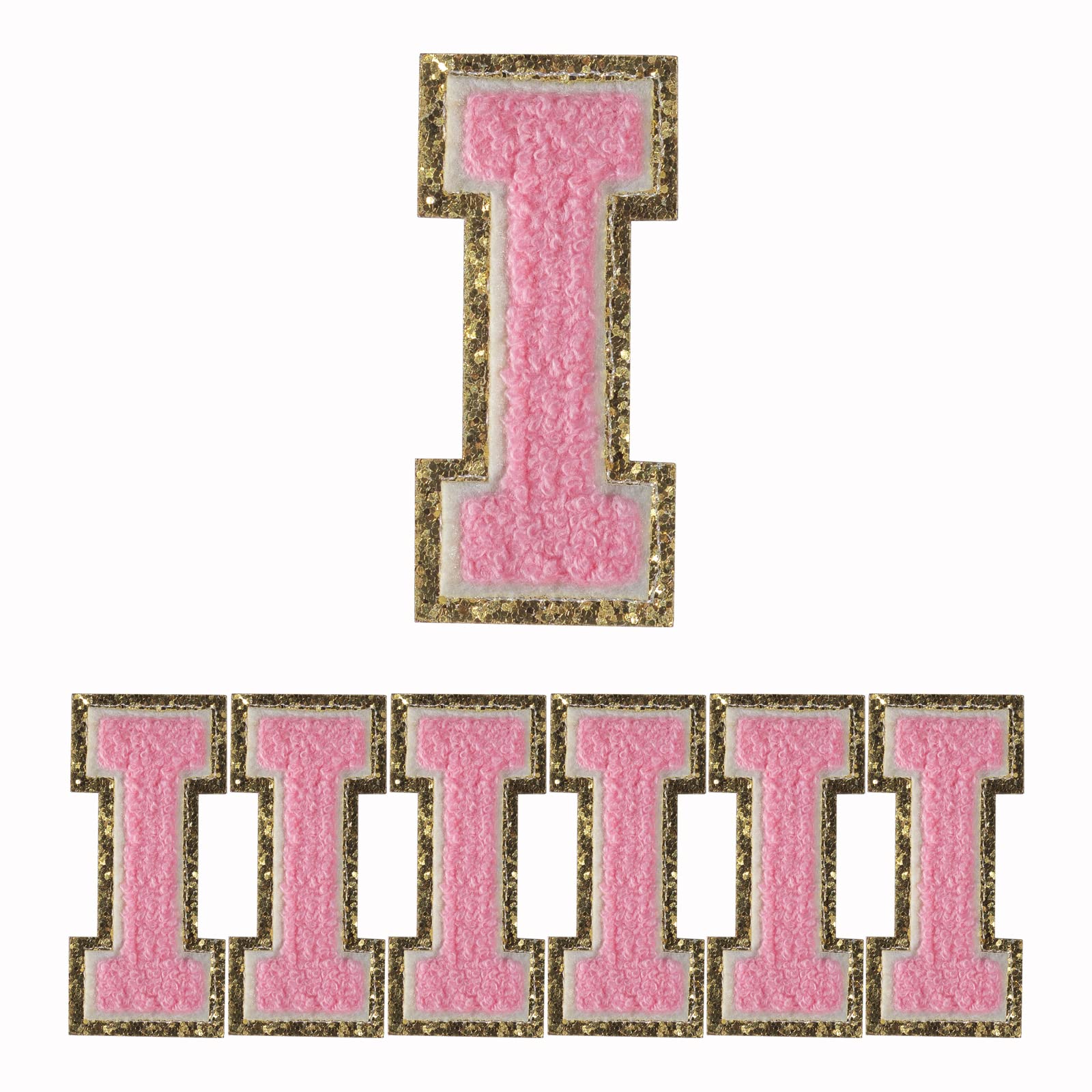 6 PCS Pink Chenille Letter Patches, Embroidered Letters, Glitter Patches, Varsity Iron on Gold Letter Patches, Sew On Letter Patch 3.1in Height Letter I