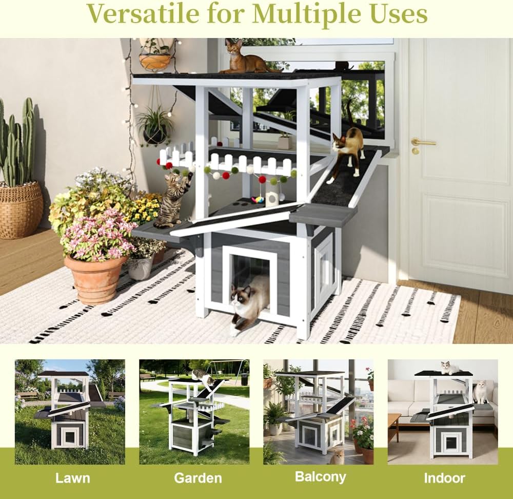 4 Tiers Outdoor Cat House Weatherproof Cat Tree Tower with Waterproof Roof and 2 Doors, Feral Cat Shelter Outside Enclosure, Multi-Level Play Zones for Small Animals, Grey & White