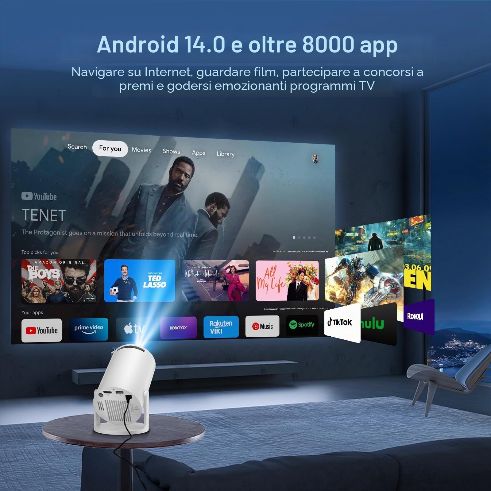 Salange Mini proiettore, supporta 4K WiFi 6 BT5.2, proiettore Android 11.0 home cinema, 180° rotazione Smart Beamer cellulare per Phone/Xbox/Laptop/TV Stick/USB, bianco