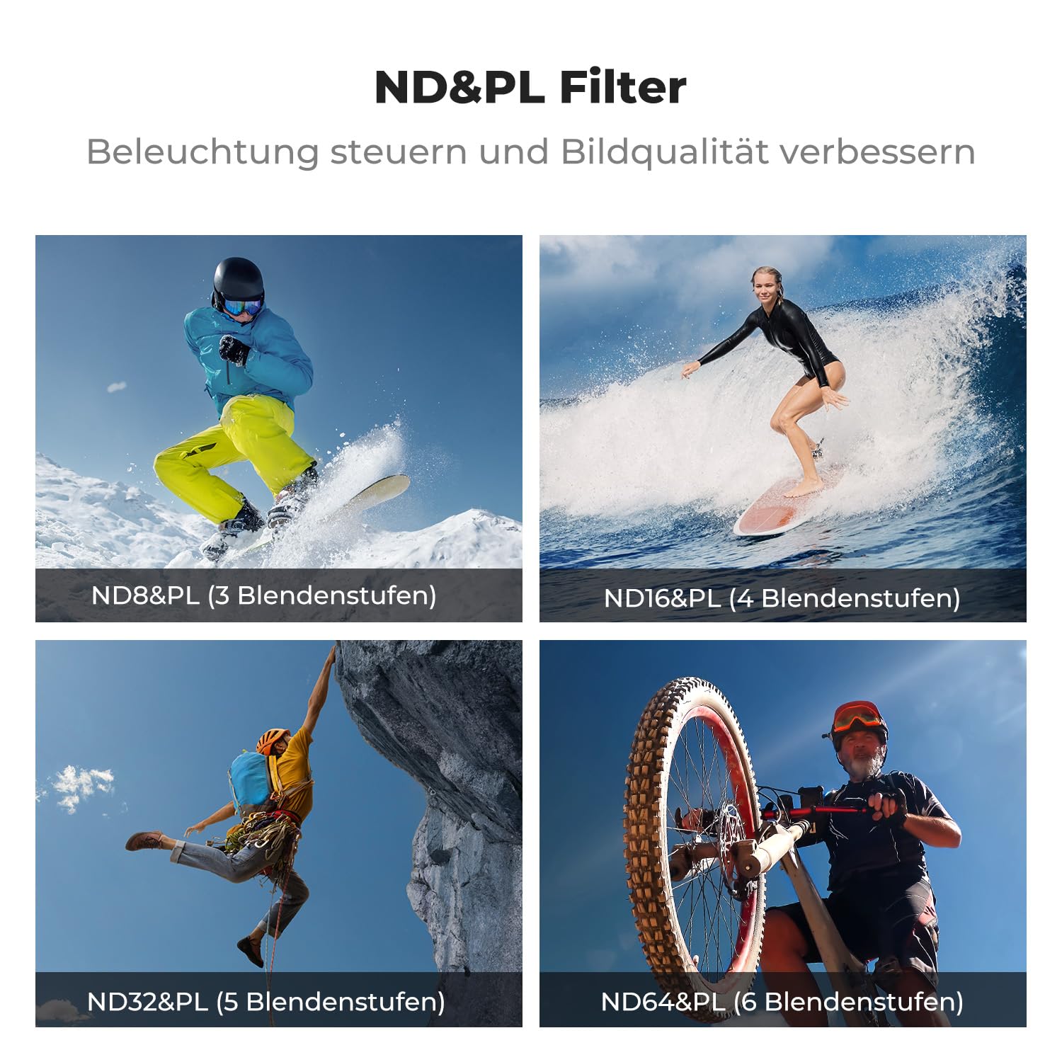 K&F CONCEPT ND&PL Filter-Set für DJI Osmo Action 6, 4er-Pack ND8&PL ND16&PL ND32&PL ND64&PL Hybrid-Neutraldichtfilter Polarisationsfilter für Actionkameras, Mehrfach Beschichtetes HD-Optikglas