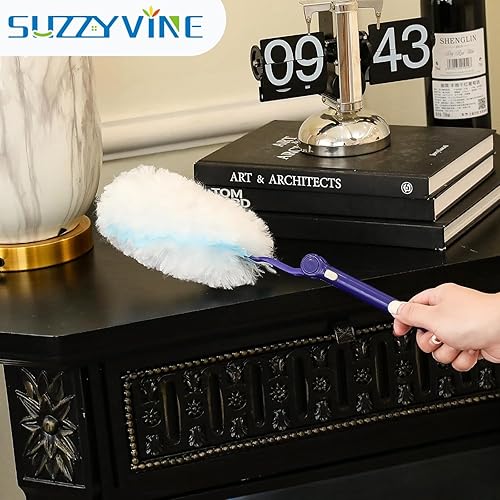 Miniatura 7 de SUZZYVINE Plumero desechable de 360 grados con un mango largo más un mango corto, 12 repuestos de plumero, azul y blanco