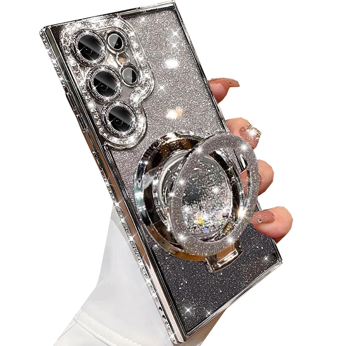 Changjia for Samsung Galaxy S24 Ultra Glitter Kickstand Case,Luxury Bling Sparkly Diamond Rhinestone with Camera Protector Liquid Ring Stand Women