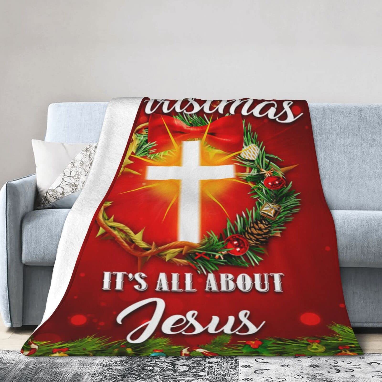 Lsjuee Christmas Flannel Fleece Blanket 80"X60" It‘s All About Jesus Flag Crown of Thorns Christmas Wreath Bed Throw Blanket Lightweight Ultra-Soft Travel Winter Blankets for Kids Keep Warm