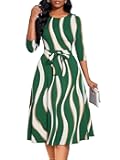 Casual Dresses for Women Midi Church A-Line Fit and Flare Dress Crewneck 3/4 Sleeve Party Dress