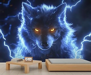 Wolf Mural - Lightning Animal Wall Paintings, Wildlife 3D Wall Mural for Living Room Bedroom, Wolf Murals - 98.4" x 68.9" (Not Peel n' Stick)
