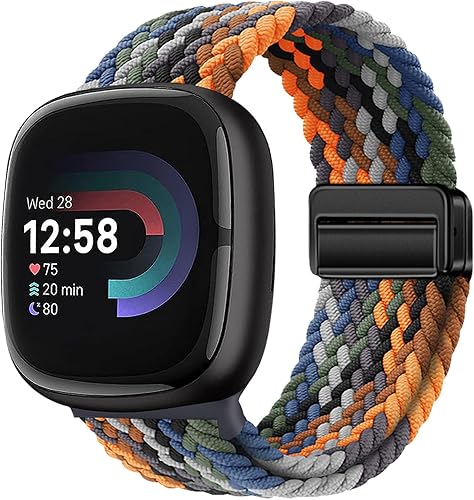 Braided Magnetic Bands Compatible with Fitbit Versa 4/Fitbit Versa 3/Sense 2/Sense 1,Soft Stretchy Elastic Nylon Sport Loop Strap for Women Men (Denim Blue)