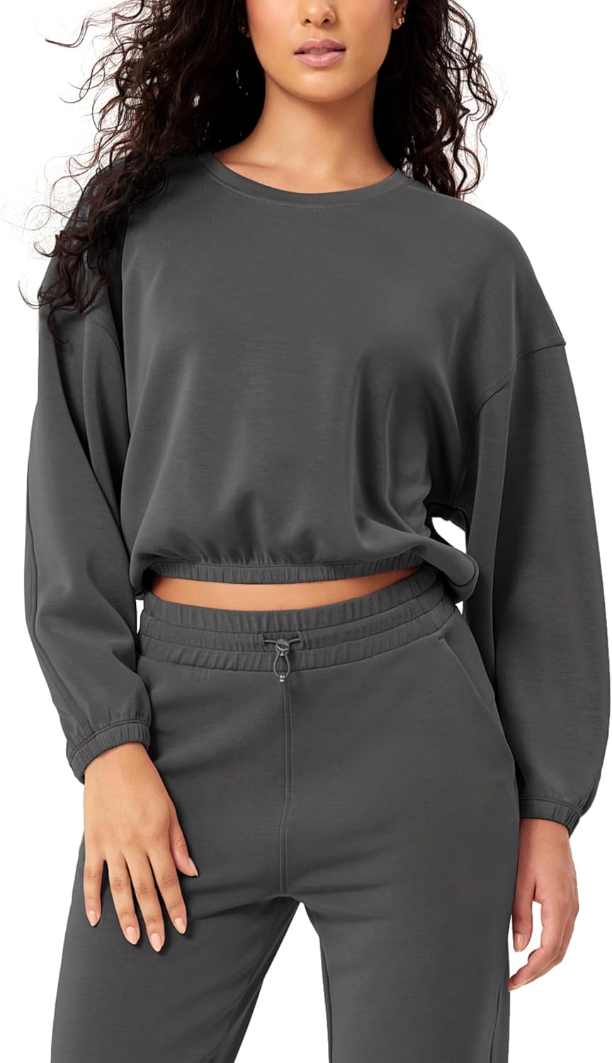 ODODOS Women’s Modal Soft Gathered Cropped Sweatshirts Long Sleeve Elastic Hem Crew Neck Pullover Tops