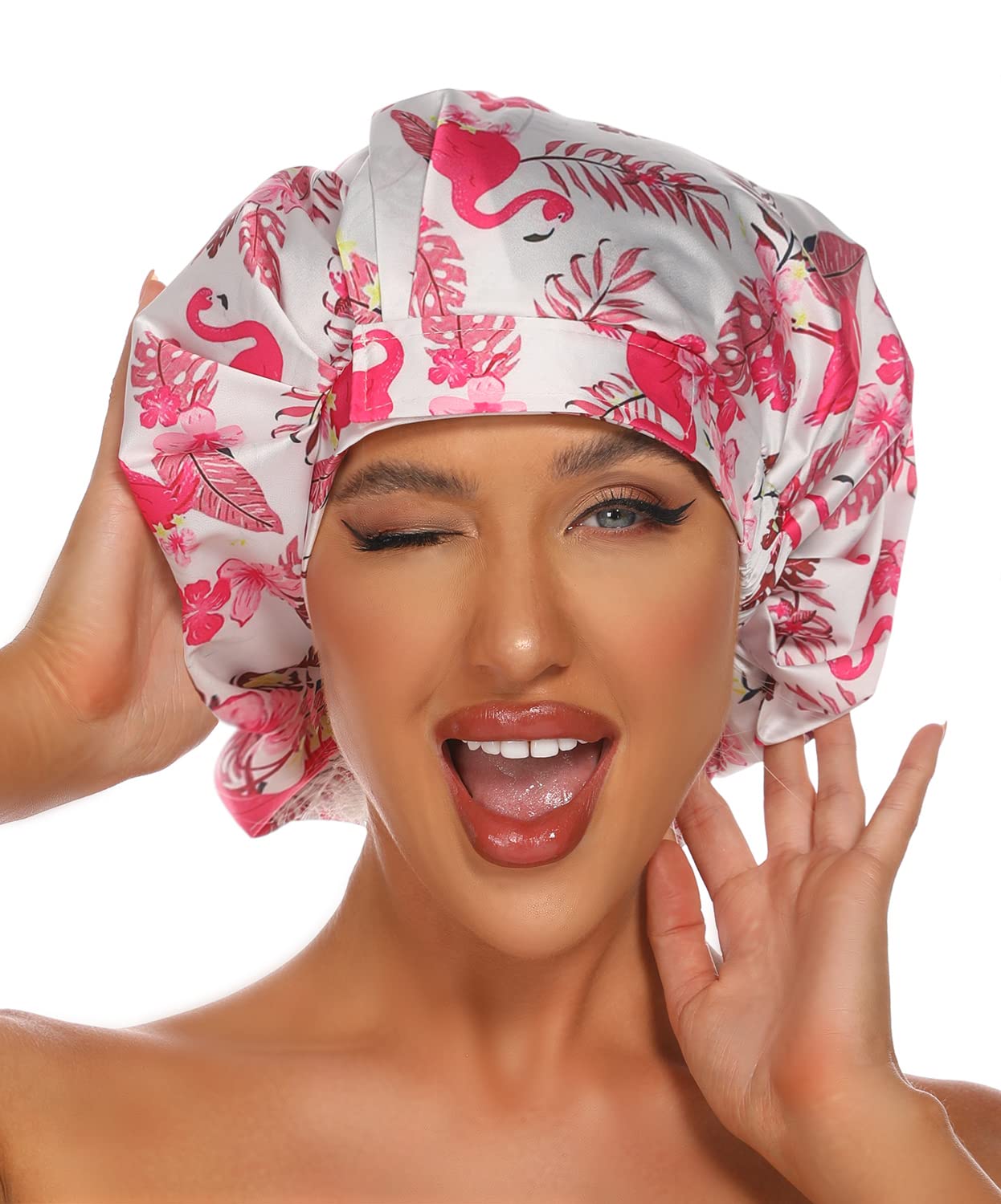 HIUMI Shower Cap for Women, Large Shower Cap for Long Hair Cute Reusable Shower Caps Waterproof Bath Cap(Pink)