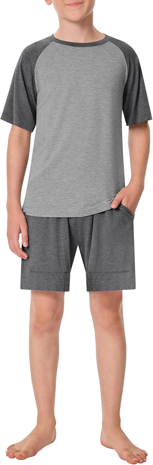 MoFiz Jongenspyjama, korte pyjamaset, tweedelige set, zacht huispak, ronde hals, T-shirt en slaapshort, kinderen, zomer, nachtkleding, 8-18 jaar, maat 128-176, zwart, 140-152