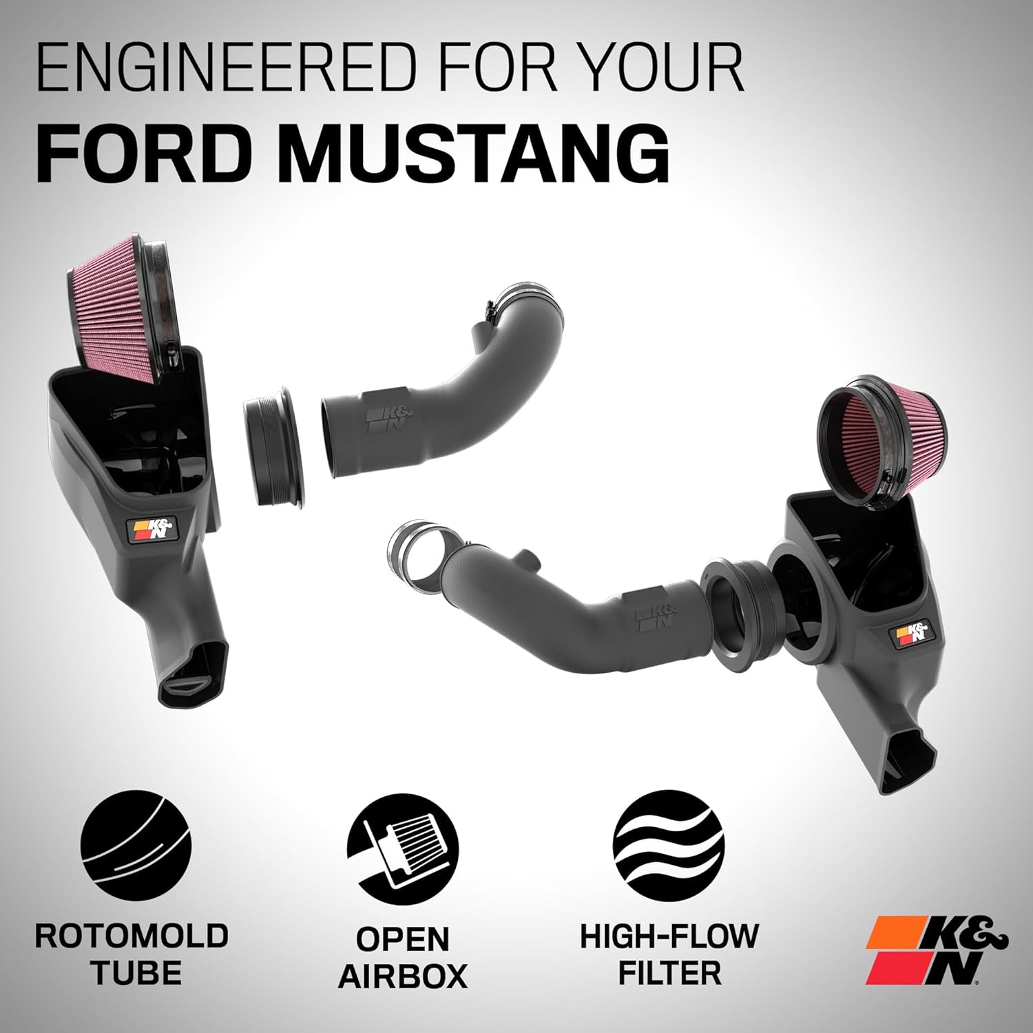 K&N Cold Air Intake System: High-Flow Air Filter, Increase Performance & Acceleration: Compatible with 2024-2025 Ford: Mustang, 63-2626