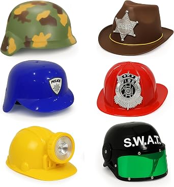 Liberty Imports 6 PACK - Dress Up Pretend Career Role Play Hard Hats & Helmets for Little Kids - Halloween Costume Role Play Toddler Dressup Set Police, Fireman, Construction, SWAT, Cowboy, Army