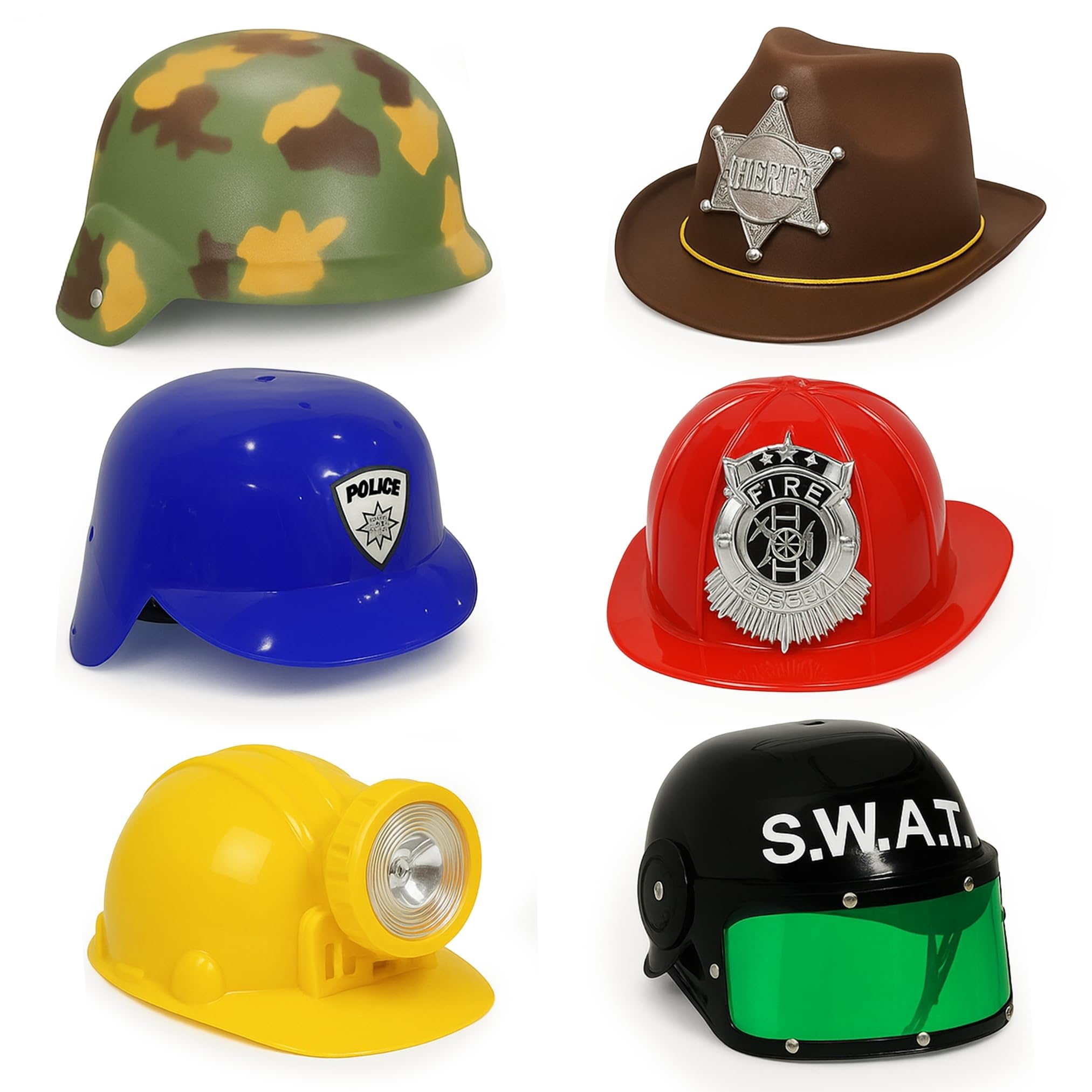 Liberty Imports 6 PACK - Dress Up Pretend Career Role Play Hard Hats & Helmets for Little Kids - Halloween Costume Role Play Toddler Dressup Set (Police, Fireman, Construction, SWAT, Cowboy, Army)