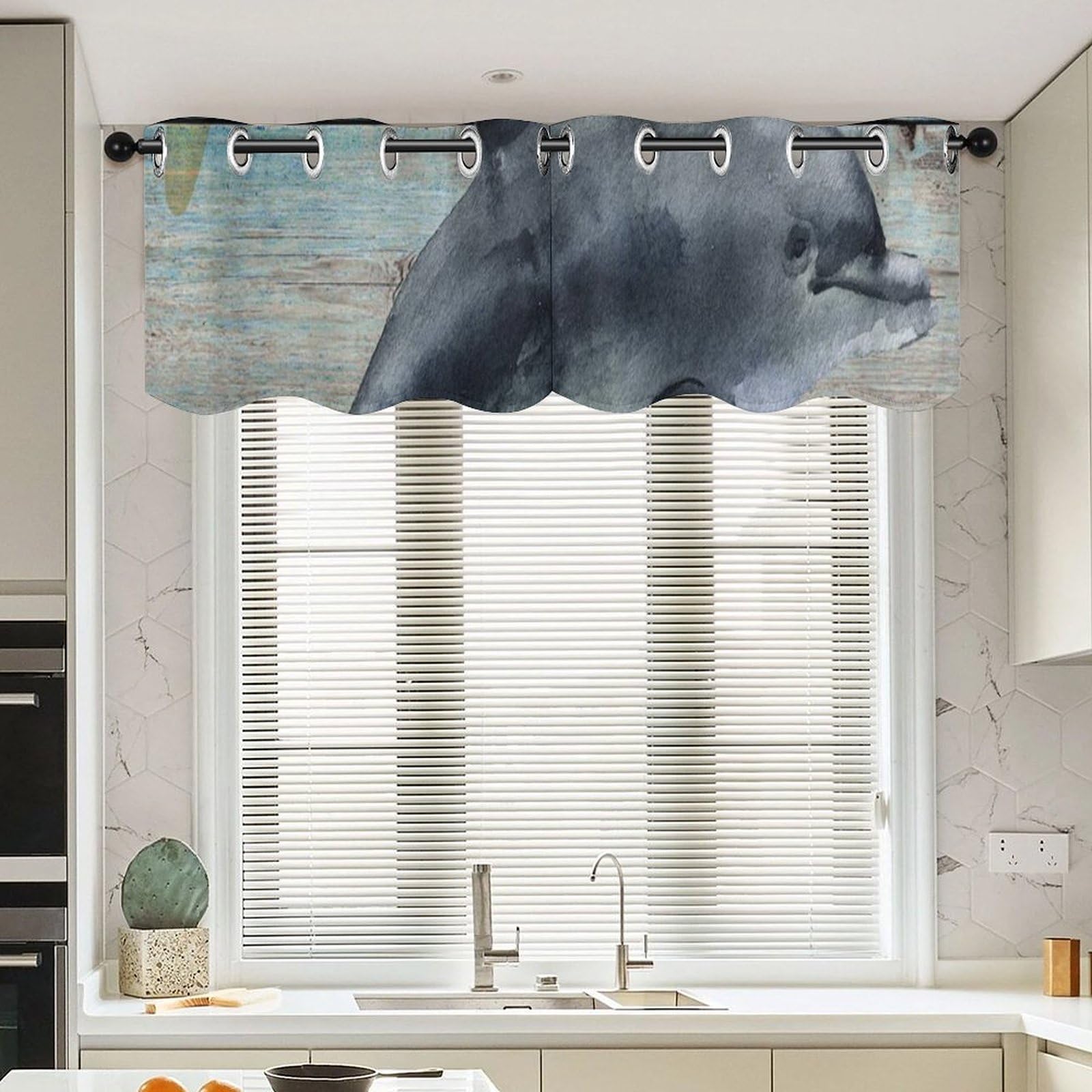 Cenefas de cocina con diseño de delfín y gaviota, cortinas náuticas de 2 paneles, 52 x