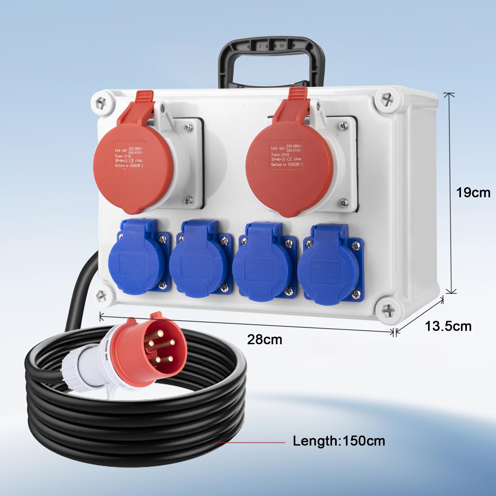 CHENGPI Distributore di corrente da parete, IP44, 2 prese CEE a 5 poli, 16 A, 4 prese Schuko da 16 A, scatola di distribuzione di corrente con cavo da 150 mm (spina CEE a 5 poli), per esterni