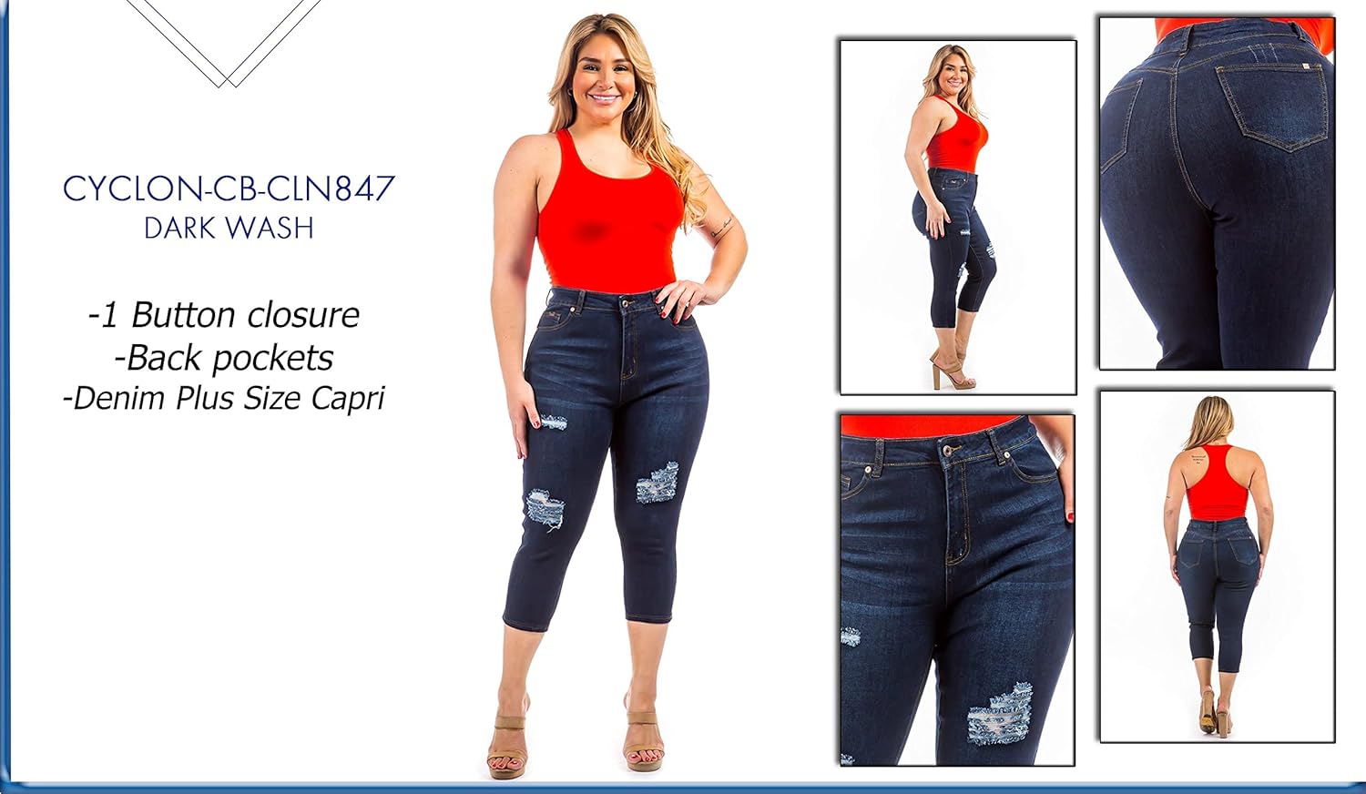 1826 Jack David/CYCLON Women's Plus Size Stretch MID Rise Blue Denim Jeans Capri (CYCLON-CLN847 Distressed Dark Blue, 16) - Image 8