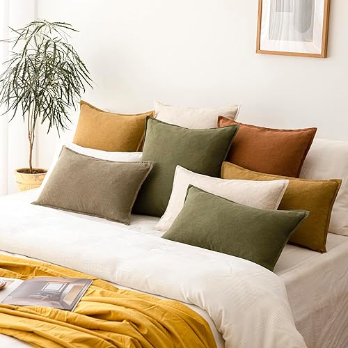 Miniatura 7 de Foindtower Paquete de 2 fundas de almohada decorativas de lino y liso, funda de cojín decorativa suave, estilo bohemio campestre para silla, sofá,