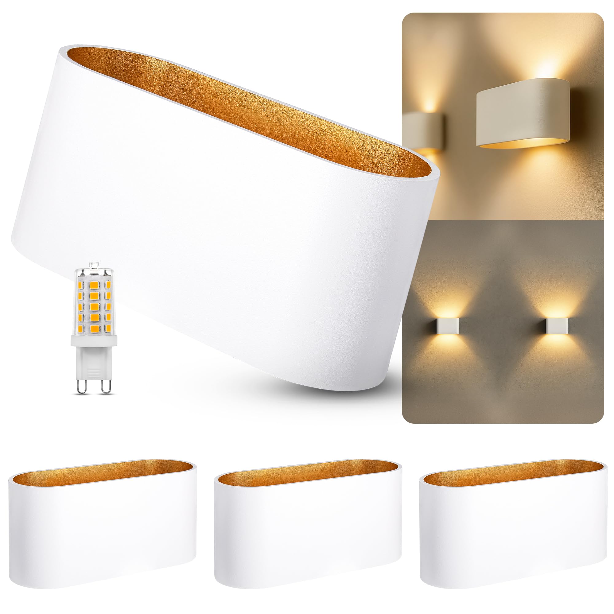 SSC-LUXon JOBERO Wandlampe 4er Pack Innen weiß gold - Wandbeleuchtung Up Down Vintage Design inkl. G9 Leuchtmittel warmweiß