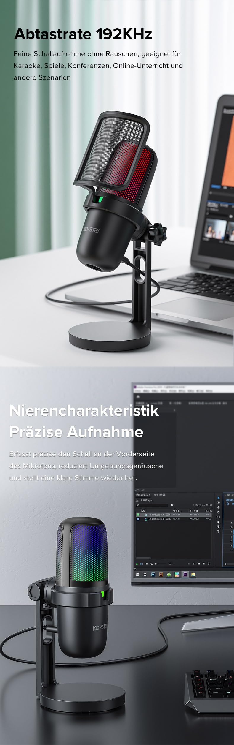 KO-Star M-630S USB Gaming Mikrofon RGB – Nierencharakteristik, Touch-Stummschaltung, Plug & Play, Metall-Pop-Filter, Verstellbarer Winkel, 2 m Kabel, USB-C/USB-A