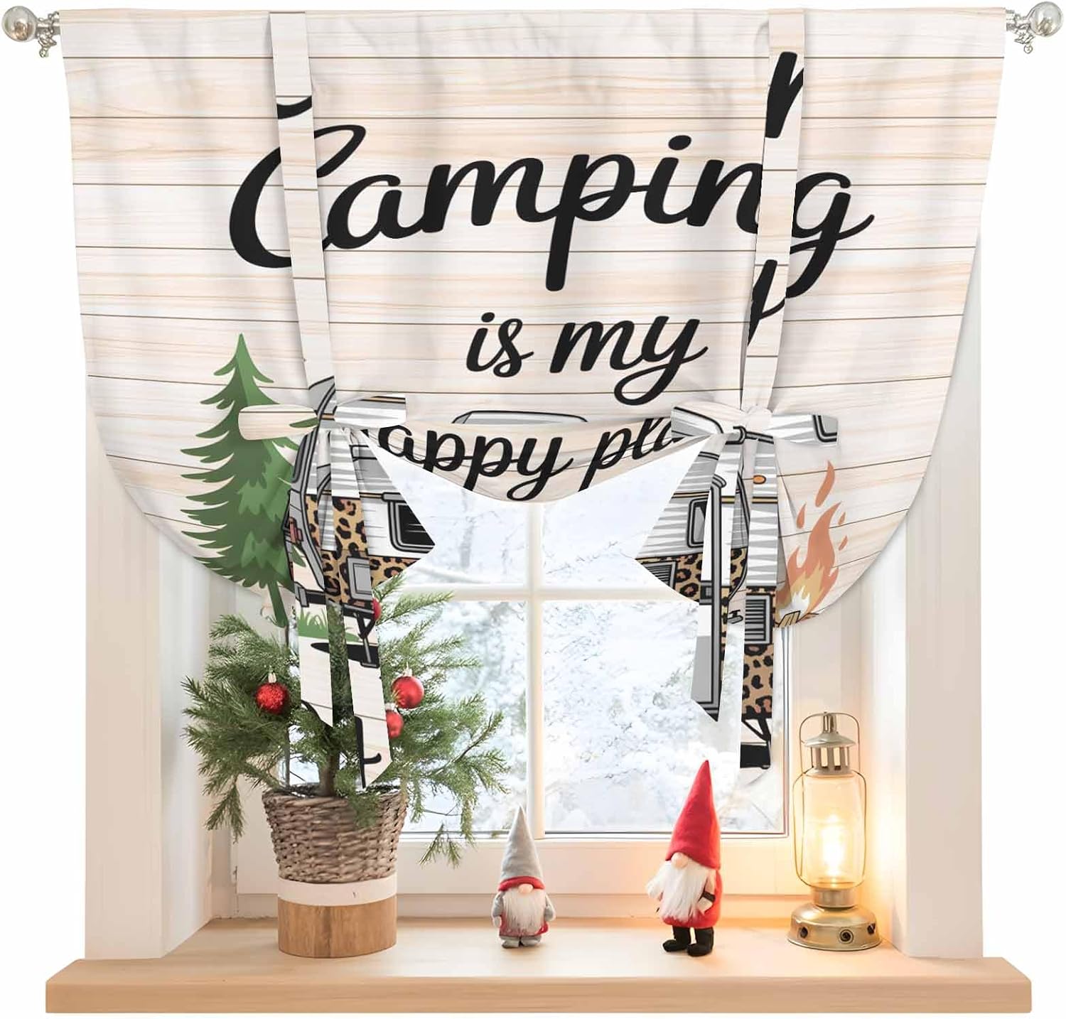 Camper Van Tie Up Curtains for Windows 63 Inch Length Balloon Curtains Kitchen Adjustable Balloon Window Shade Modern Vintage Camping Beige Wooden Tie Up Valance Bathroom Curtain Window 46"x63"