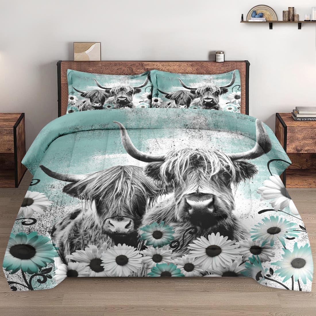 WeCozy Comforter Set Full Size with 2 Pillowcases, Highland Cow Animal 3 Pcs Bedding for Kids and Adults, Buffalo Bull Farm Daisy Soft Comforter Set for Bedroom Bed Decor