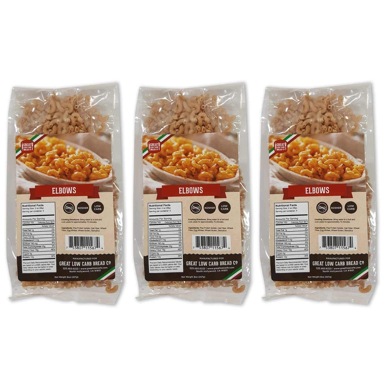 Low Carb Pasta, Keto Pasta, Great Low Carb Bread Company ,7g Net Carbs, 12g of Protein, Non GMO, Elbow, 3 Pack
