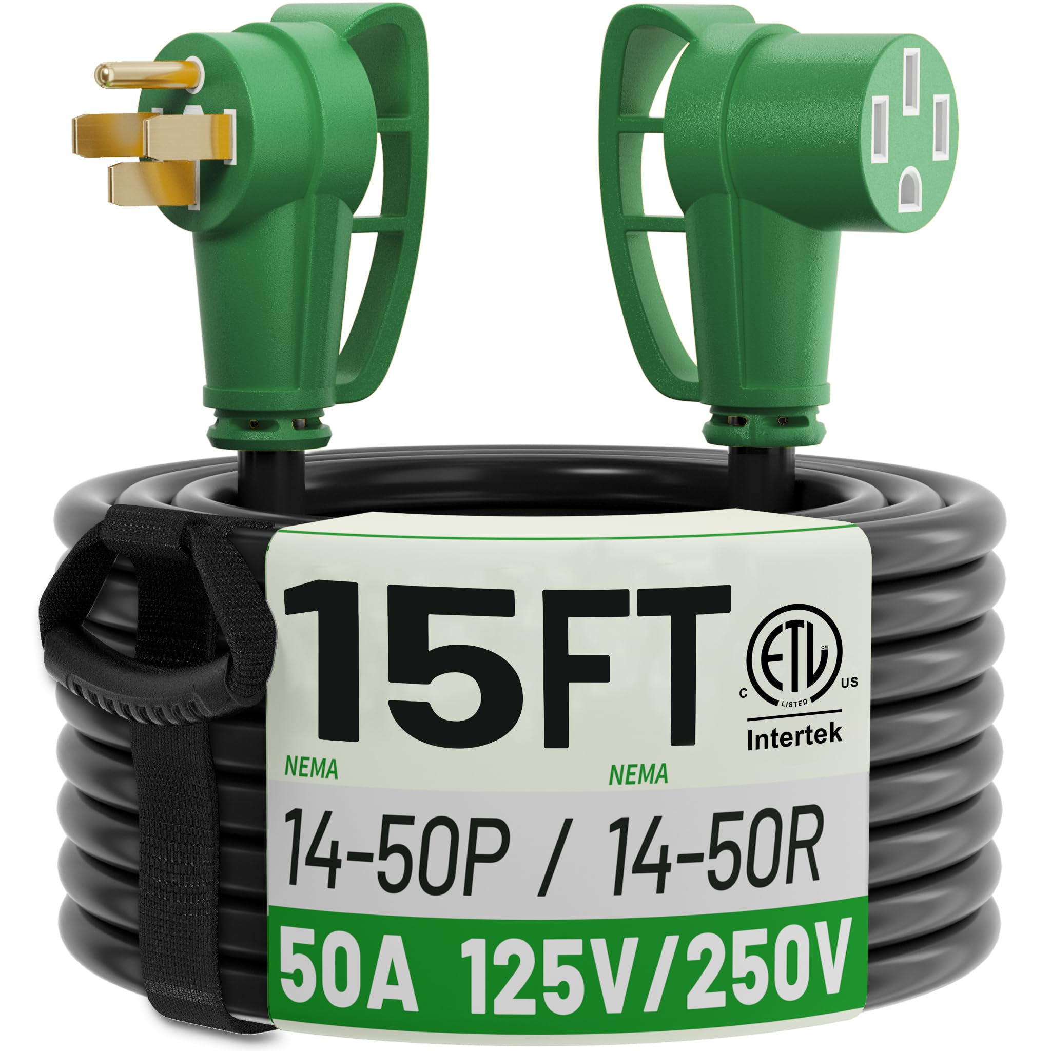 POWGRN Cable de extensión RV/EV de 50 amperios de 15 pies para exteriores con mango de agarre, cable de alimentación flexible resistente calibre 6/3+8/1 STW de 4 puntas RV impermeable, NEMA 14-50P a