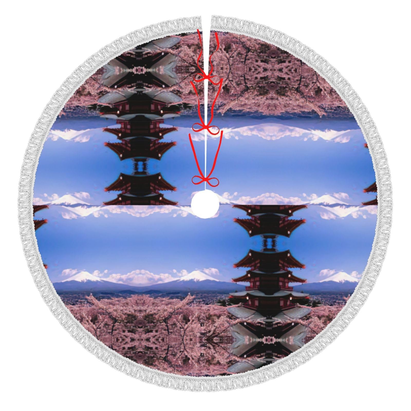Jupe de sapin de Noël tapis de sapin Mont Fuji décoration de fête avec pompons style Japonais