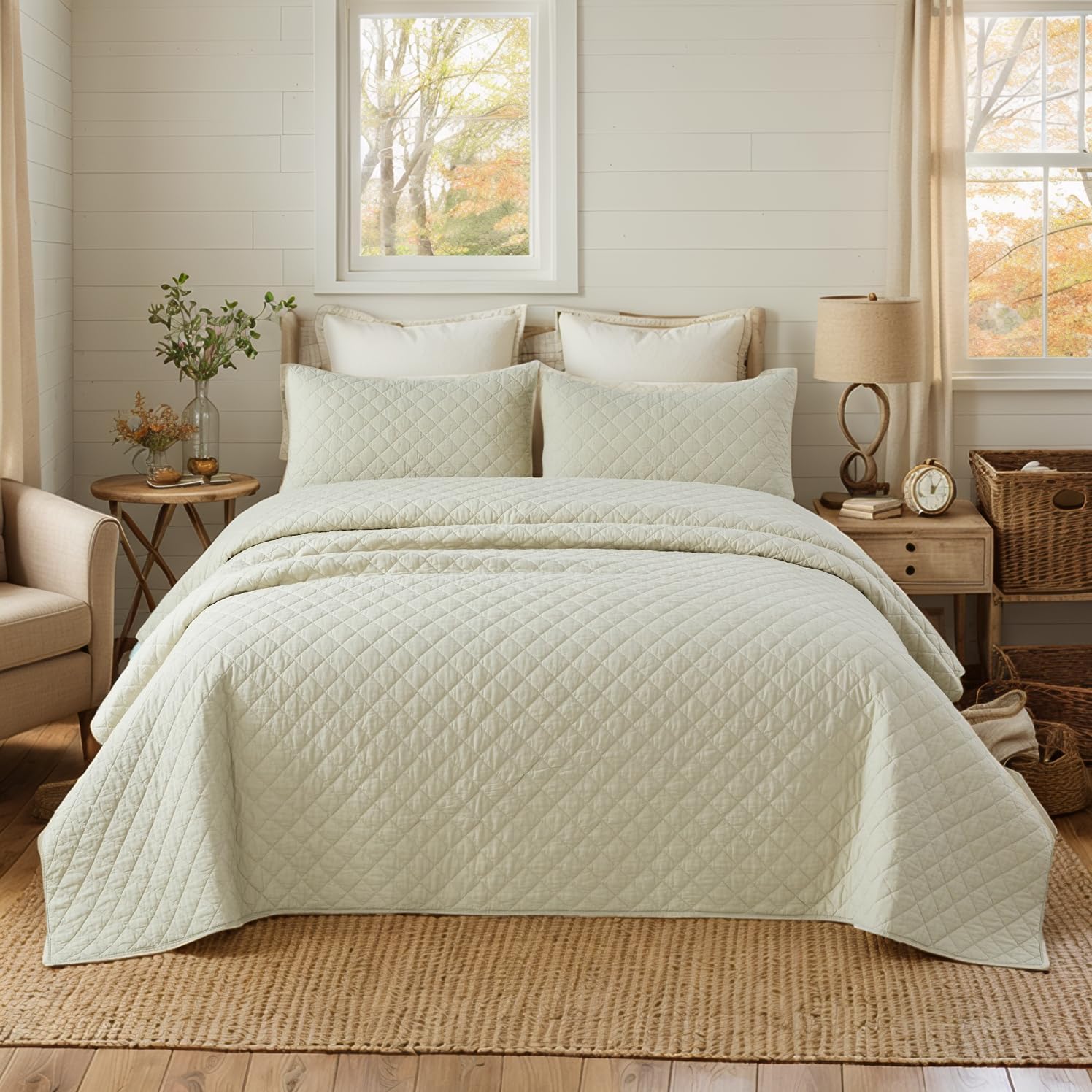 Brandream King Size Quilt Set Cotton Beige Quilts Summer Quilt Set Luxury Diamond Checker Plaid Quilt Bedding Set 3-Piece