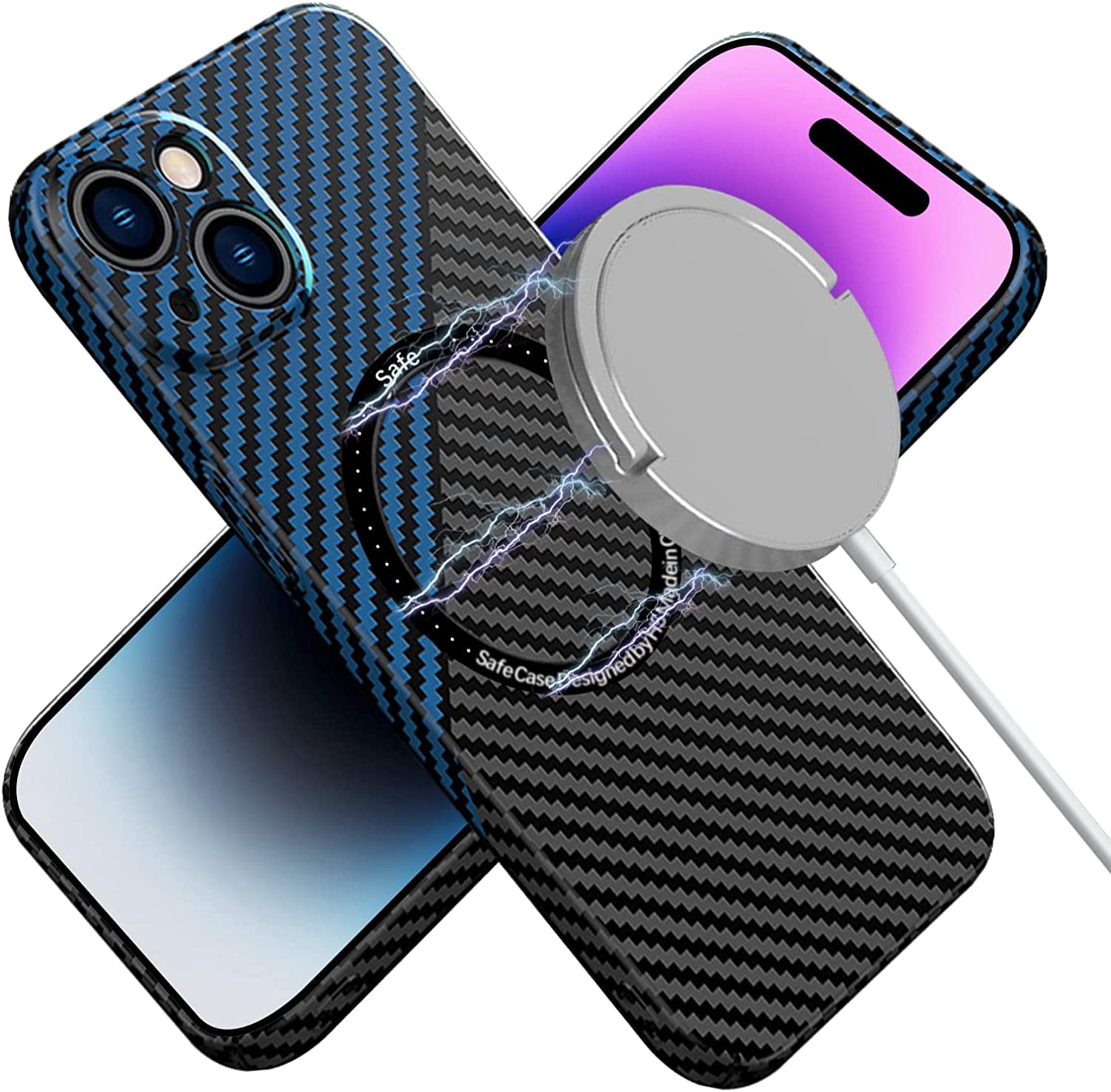 Magnetic Case for IPhone 14 Pro Max Compatible with Ma-g-sa-fe, Ultra Thin Slim Shockproof Carbon Fiber Texture Plastic Hard Back Phone Case Cover (Iphone 14 Pro Max, Black Blue)