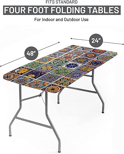 Miniatura 2 de SongYi Mantel rectangular bohemio ajustable de 4 pies (24 x 48 pulgadas), borde elástico, mantel de poliéster con estampado floral mediterráneo de
