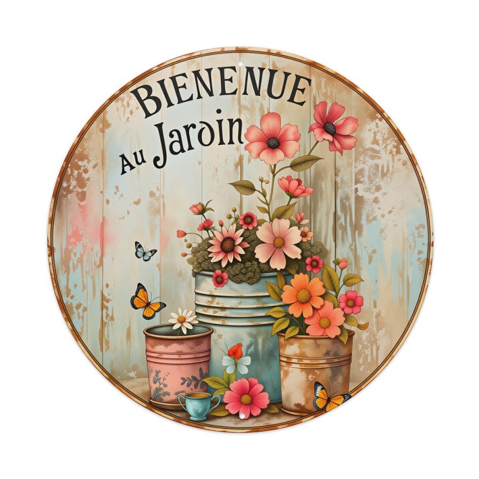 Floral Pots Butterflies Garden Welcome Sign Round Vintage Tin Sign,Retro Wall Art,Metal Poster for Home, Bar, Garage, Cafe, Rustic Indoor & Outdoor Decor, 8x8 Inches