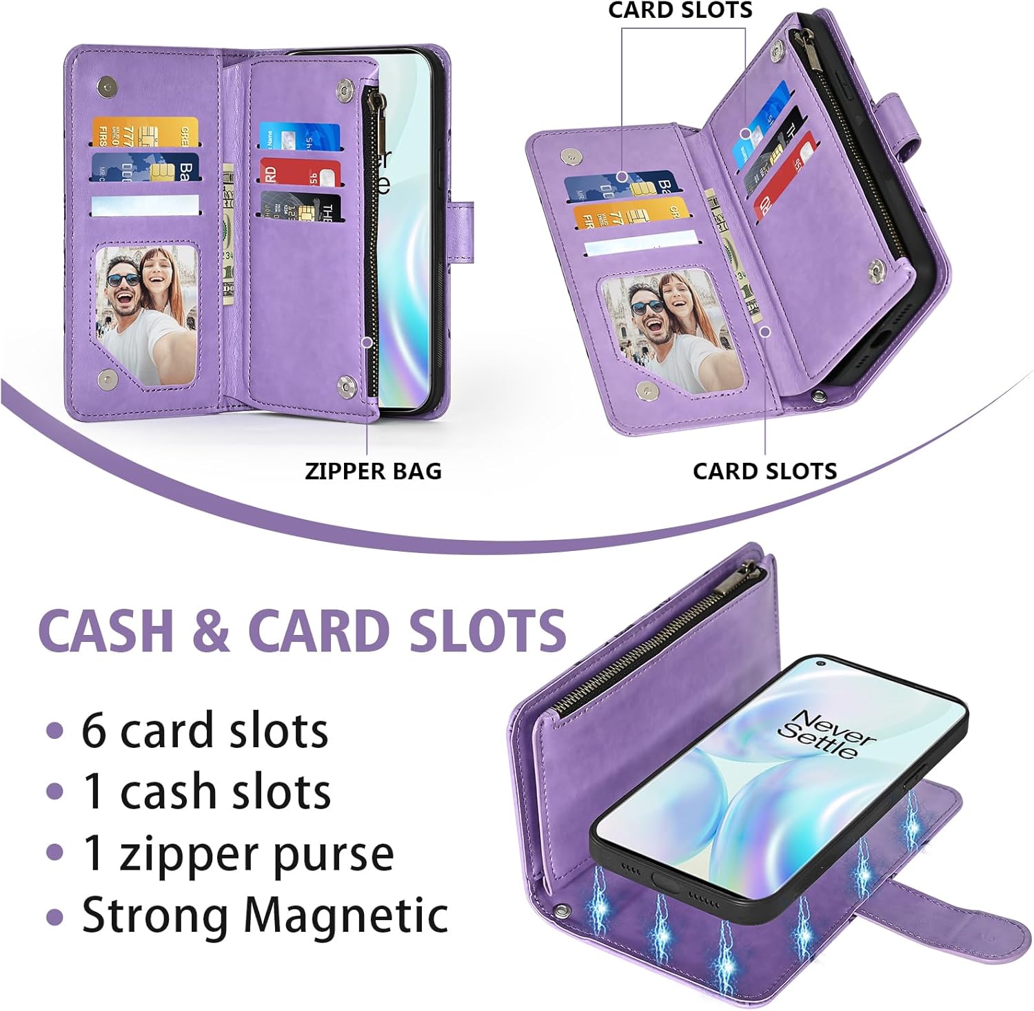 Asuwish Phone Case for OnePlus 8 OnePlus8 5G UW Tmobile Zipper Wallet Cell Cover with Screen Protector Strap Mandala Flower Card Holder One Plus8 On 1 Plus 1plus One+ 1+ 1+8 Verizon Women Girls Purple