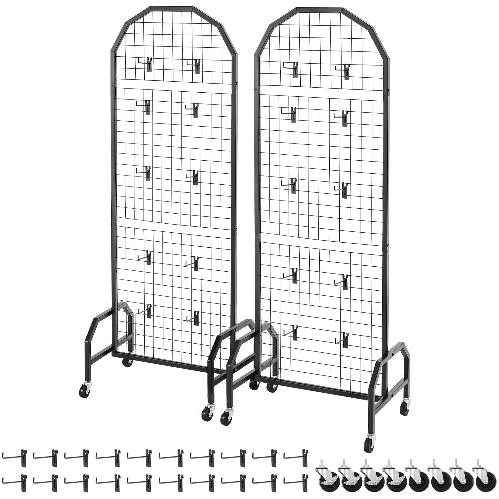 VEVOR Paneles de Pared de Rejilla, 2 Unidades, Expositor de 60 x 40 x 164 cm con Ruedas y 20 Ganchos, Estantes de Acero al Carbono, Estante para Exhibir Arte y Almacenar Decoración, Negro
