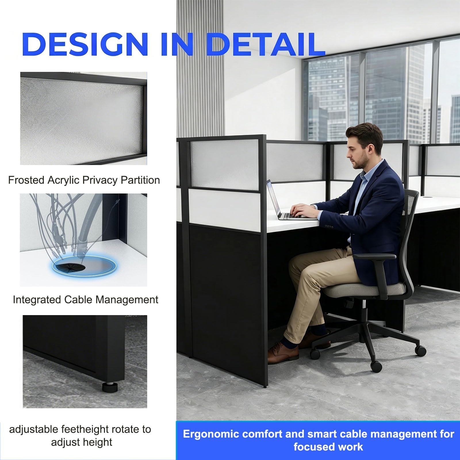 Postazione Ufficio, Scrivania per Cubicolo, Workstation con Pannelli Privacy e Passacavi, Scrivania Operativa per Startup, Spazi Commerciali e Call Center,2~Person~S