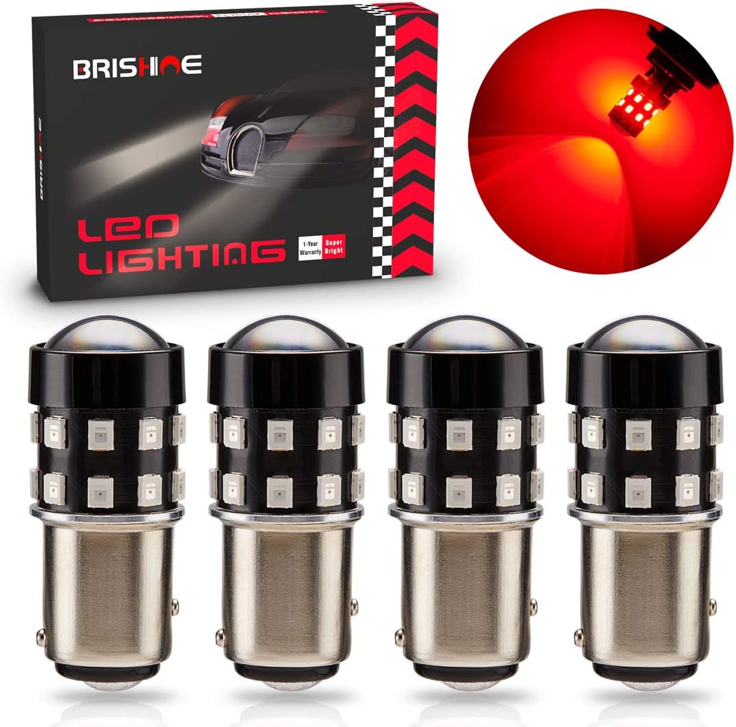 BRISHINE 4-Pack Super Bright 1157 2057 2357 7528 BAY15D LED Bulbs Brilliant Red 9-30V Non-Polarity 24-SMD LED Chipsets with Projector for Brake Tail Lights, Turn Signal Lights