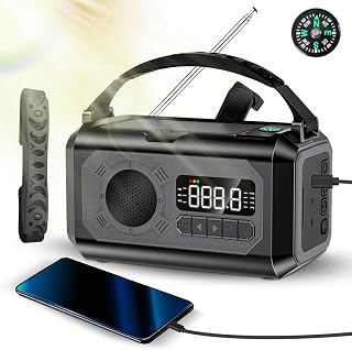 Radio Meteorológica con Manivela de Emergencia Solar, Radio NOAA Am/FM/WB Autoalimentada, Banco de Energía Portátil, Alarma SOS y Linterna para Emergencias en Interiores y (Black)