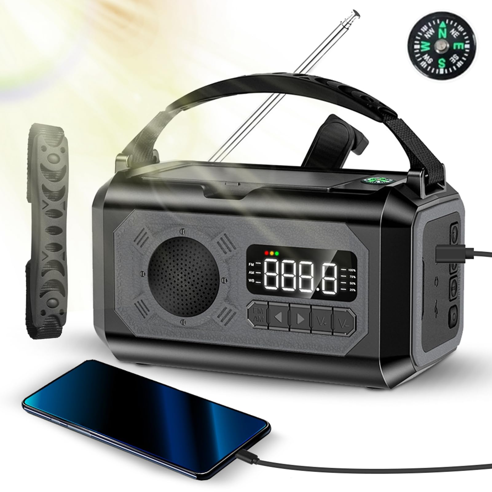 Radio Météo d'urgence 12 000 MAh, Radio Météo d'urgence Portable, Radio Solaire, Radio Météo à Manivelle avec Lampe de Poche, Lampe de Lecture LED pour Le Camping (Black)