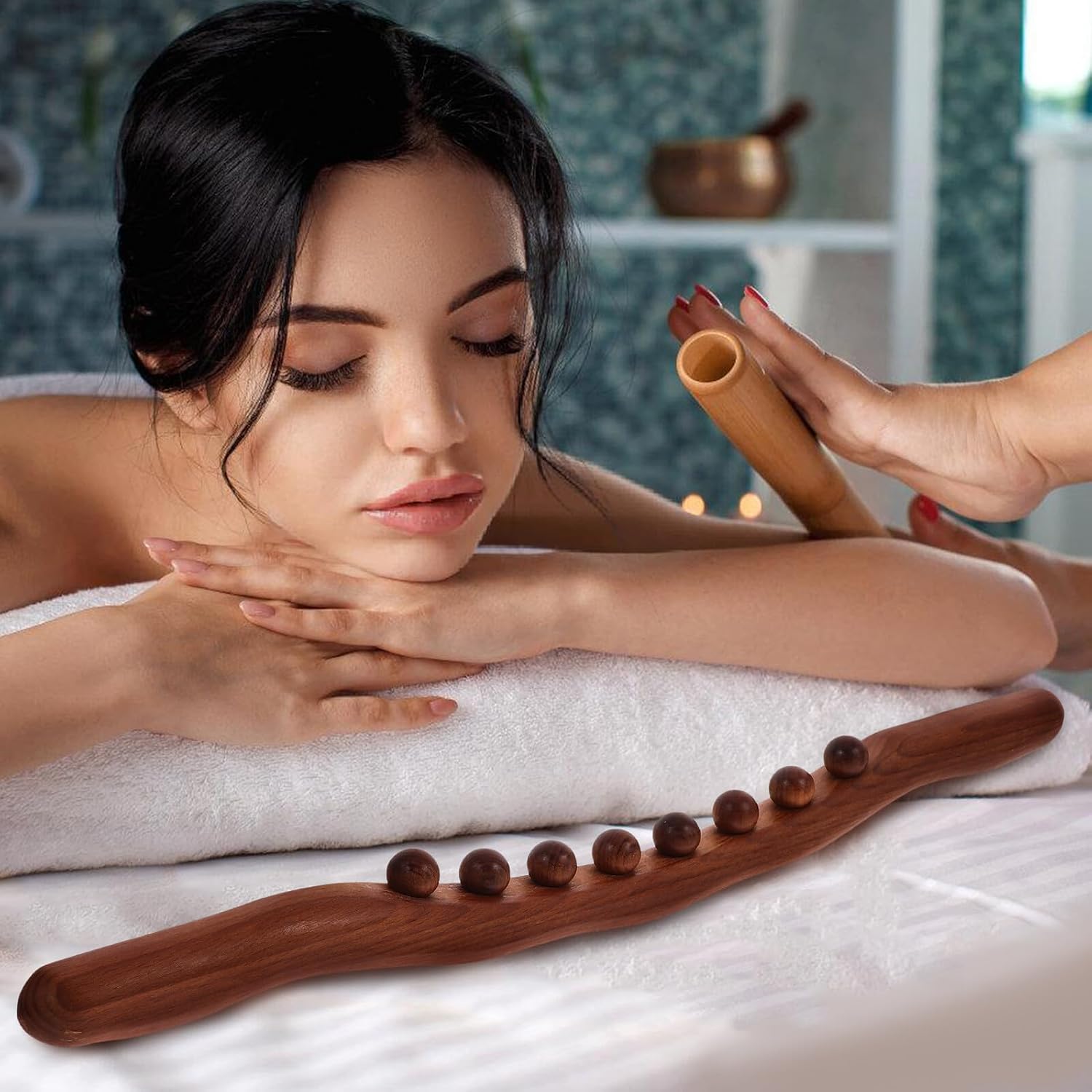SHERCHPRY Wooden Massage Stick with Beads for Full Body Gua Sha Therapy Muscle Relaxing Trigger Point Massager for Back and Legs Portable Wood Therapy Tool to Tension and Enhance Energy