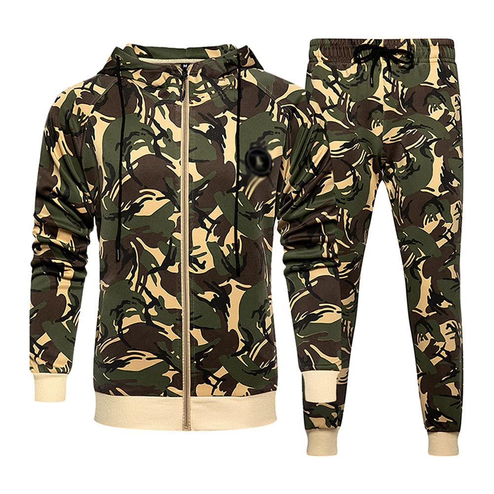 Męskie rekreacyjne sportowe dresy z kapturem nadruk kamuflaż 2 sztuki moro dres zamek kardigan top i bieganie joggery spodnie dresowe odzież sportowa dres z kieszeniami, Khaki, M