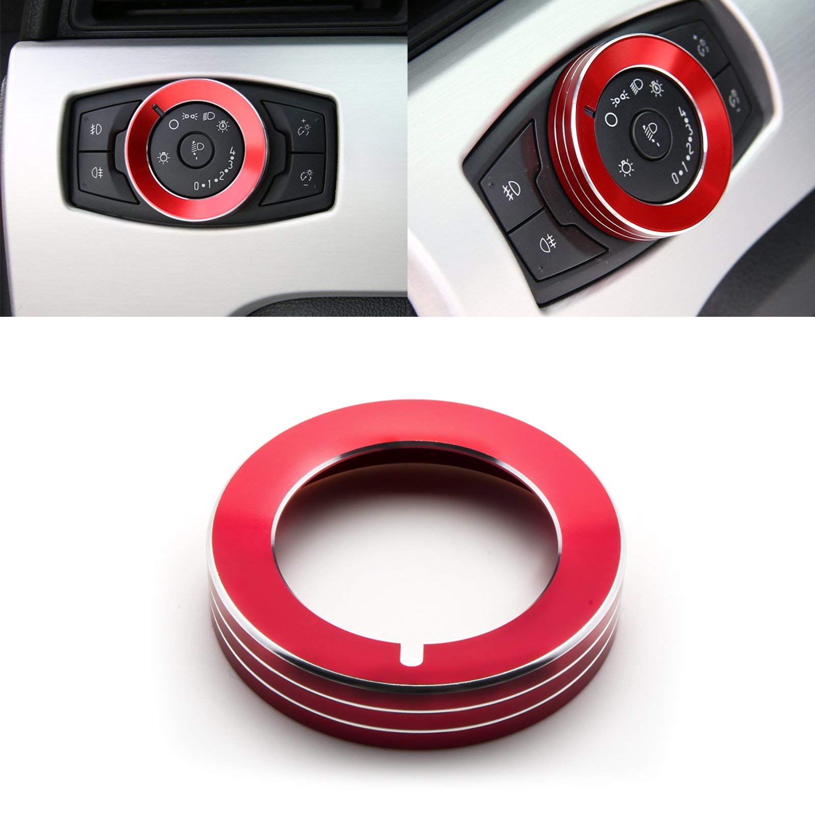 Xotic Tech 1x Red Aluminum Headlight Fog Light Switch Knob Cover Button Ring Trim Compatible with Ford Mustang F-150 2015-up