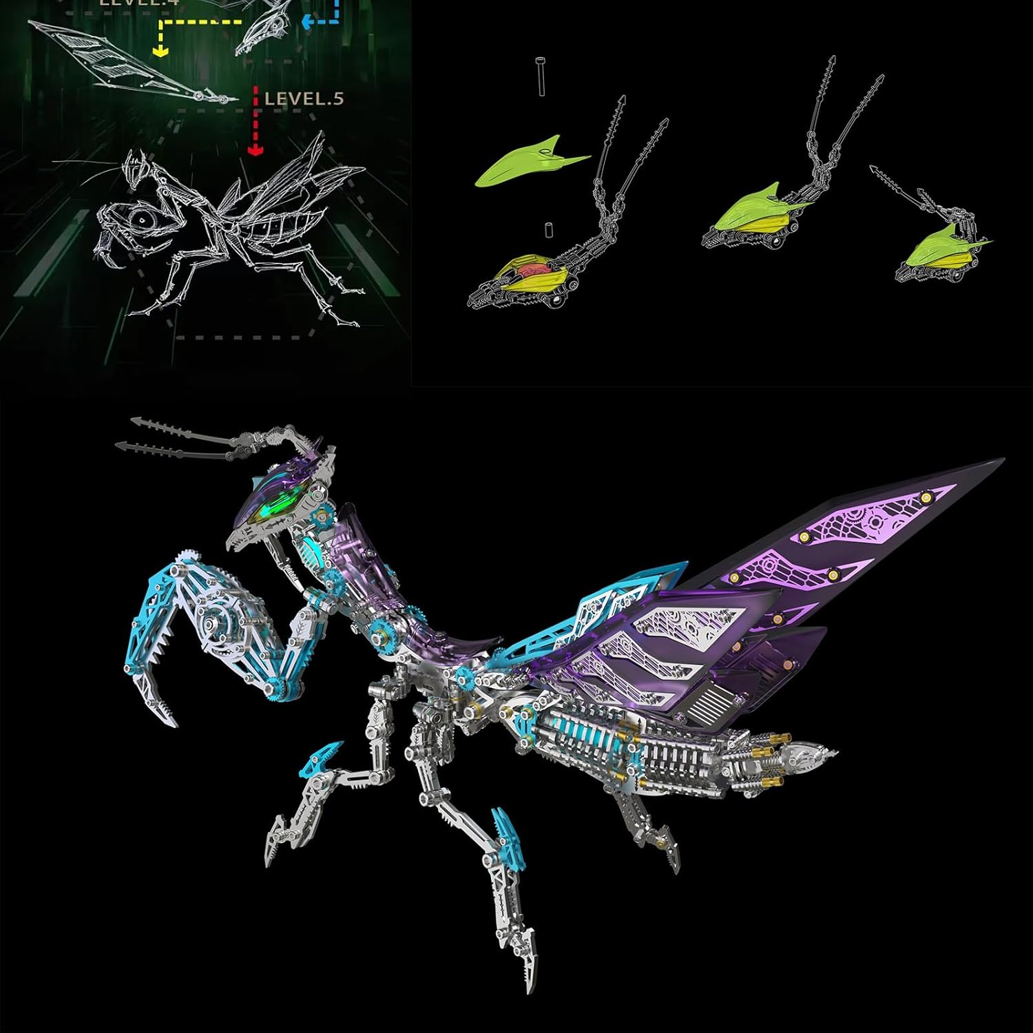 3D Metal Puzzles for Adults,Mechanical Mantis Metal Model Kits with Light, DIY for Assembly (Purple)